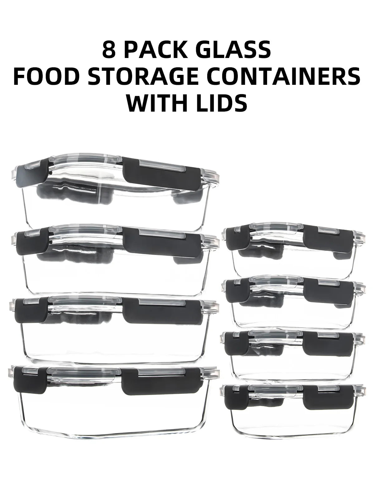 8-Piece Glass Food Storage Containers Set, BPA-Free, Leakproof, Microwave & Oven Safe, 6 Sizes, Borosilicate Glass Lock Lid