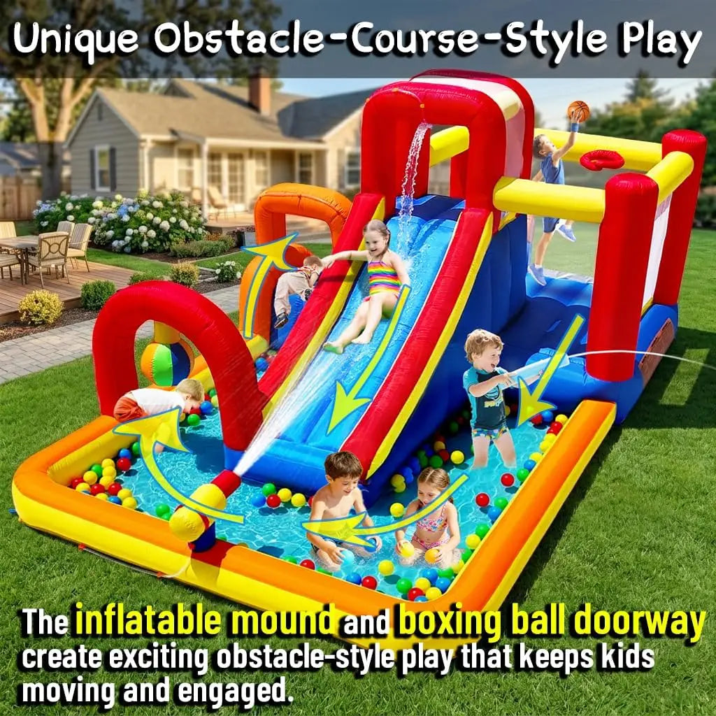 Inflatable Water Slide, 10 in 1 Water Park Bounce House with Splash Pool, 2 Slides, Ball Pit, Water Cannon, Climbing Wall