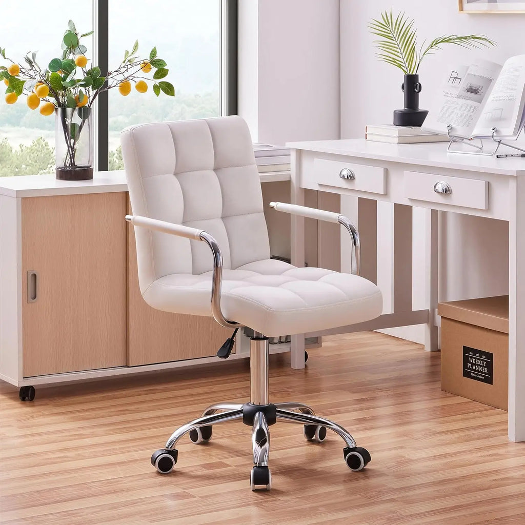 White Leather Office Chair with Wheels and Armrests, Mid-Back Adjustable Desk Chair, 360° Swivel,