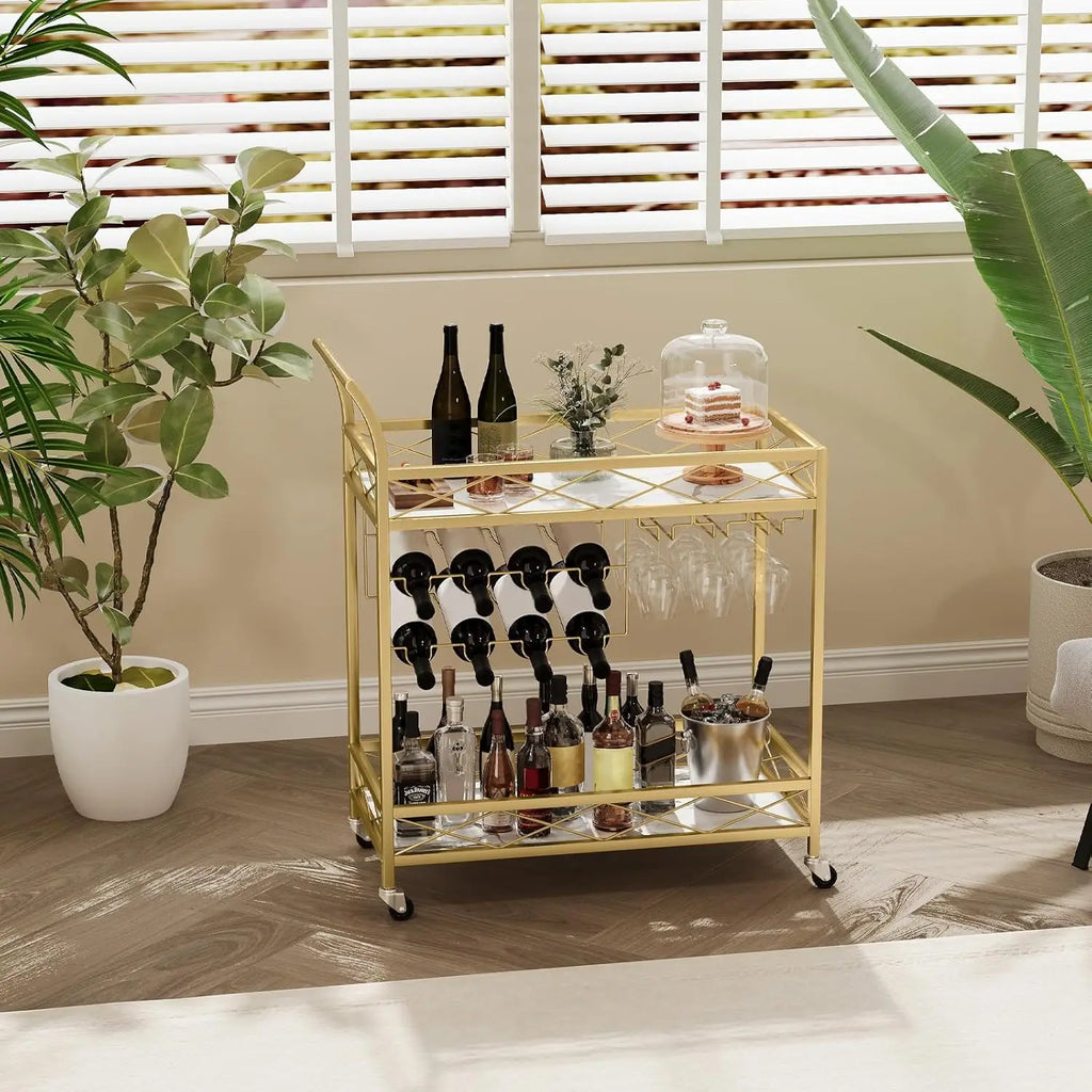 2-Tier Home Dining Room Bar Serving Cart on Lockable Wheels