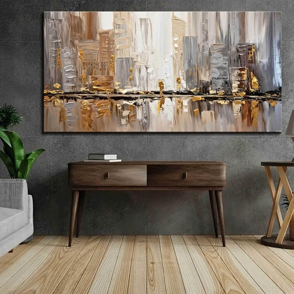 Large modern abstract oil painting - neutral tones with gold accents
