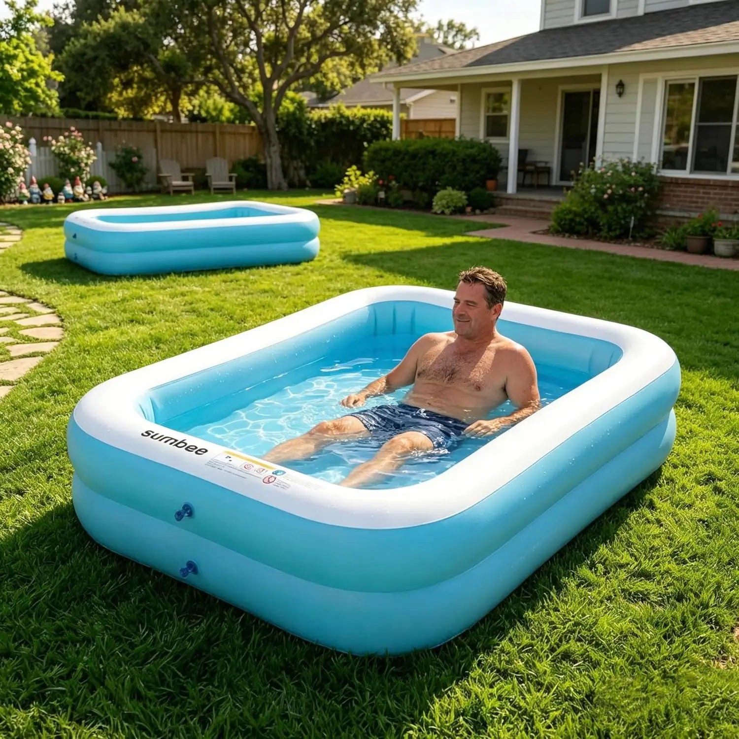 Inflatable Swimming Kiddie Pool, Size 103" X 69" X 20" Rectangle Blow Up Family Pool for Children