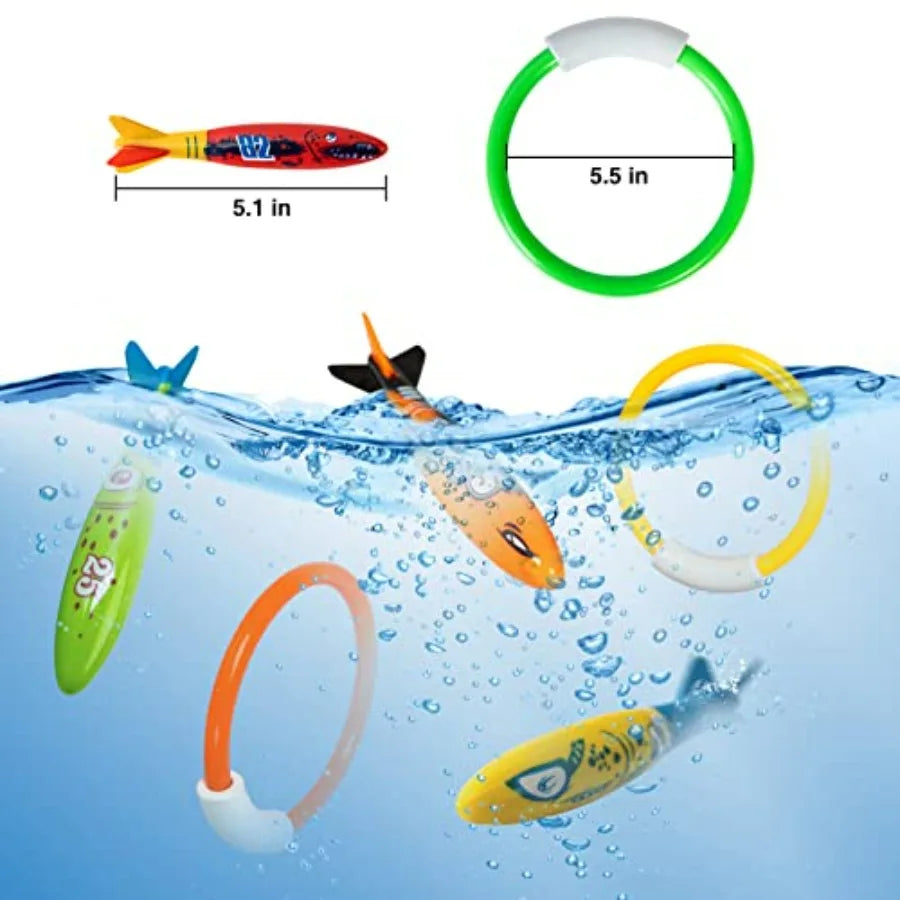 Underwater Pool Diving Toys, 8 Pcs Diving Rings and Pool Torpedo Set
