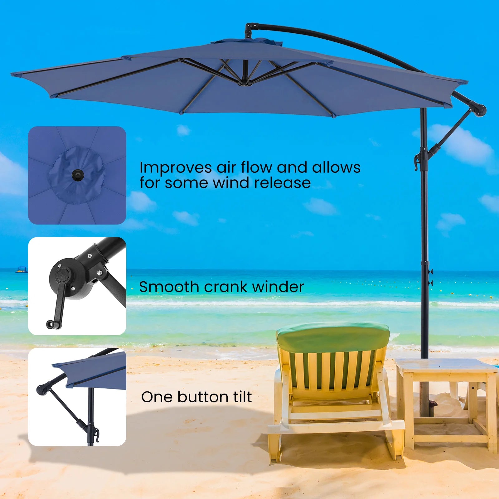 10FT Patio Umbrella Hanging Cantilever with Easy Tilt Adjustment UV Protection 8 Sturdy Ribs