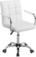 White Leather Office Chair with Wheels and Armrests, Mid-Back Adjustable Desk Chair, 360° Swivel,