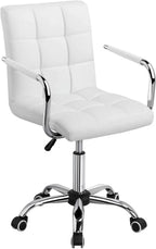 White Leather Office Chair with Wheels and Armrests, Mid-Back Adjustable Desk Chair, 360° Swivel,