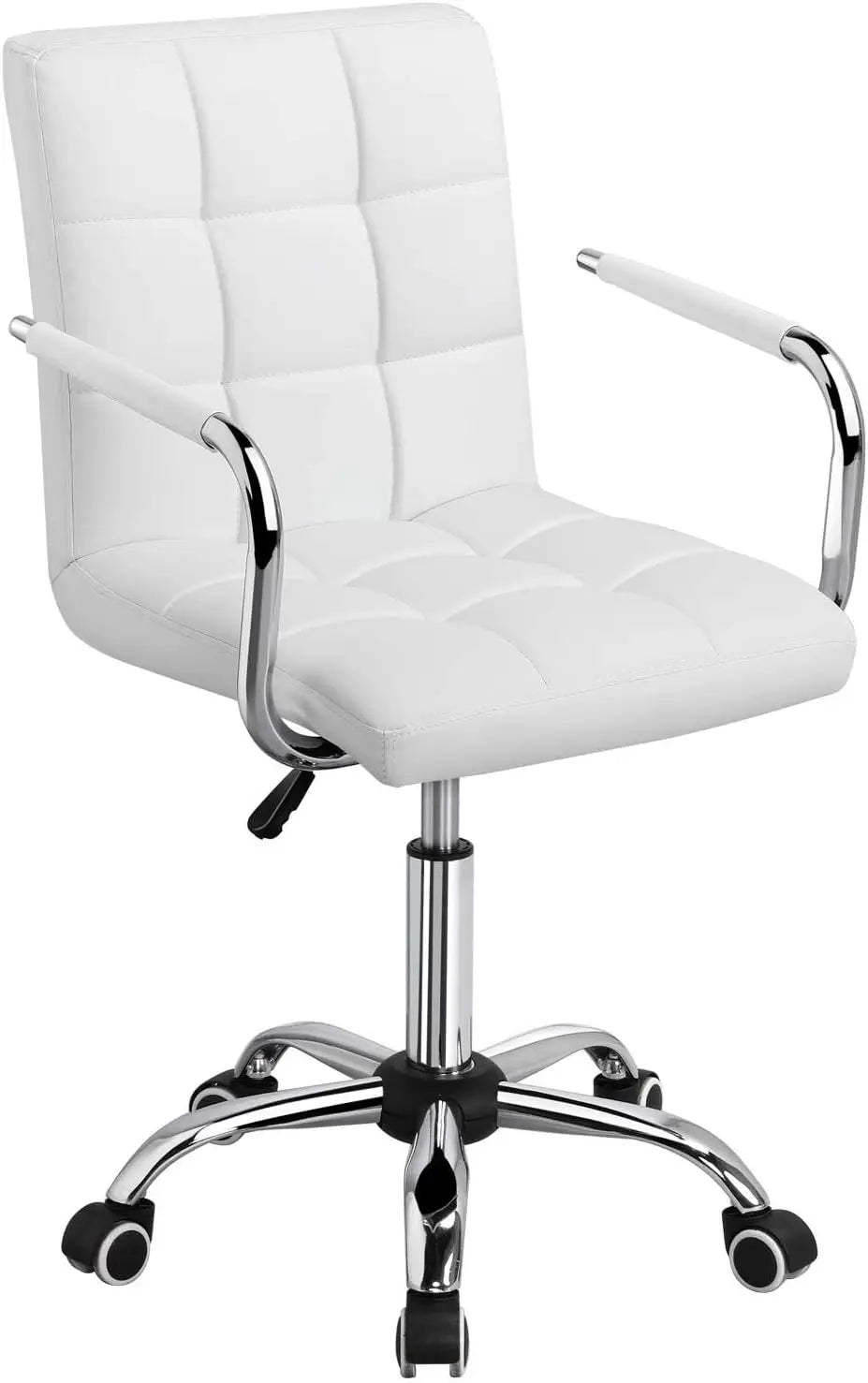 White Leather Office Chair with Wheels and Armrests, Mid-Back Adjustable Desk Chair, 360° Swivel,