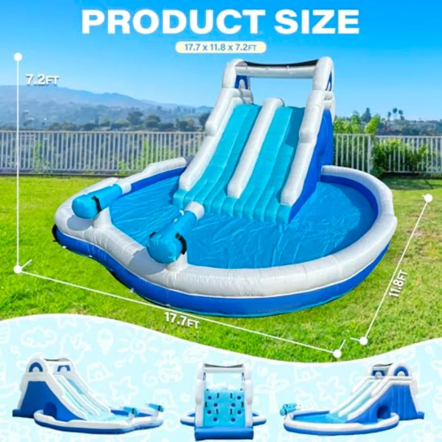 Backyard summer party inflatable water park for big kids, PVC material, blue and yellow, 17.7FT double splash pool