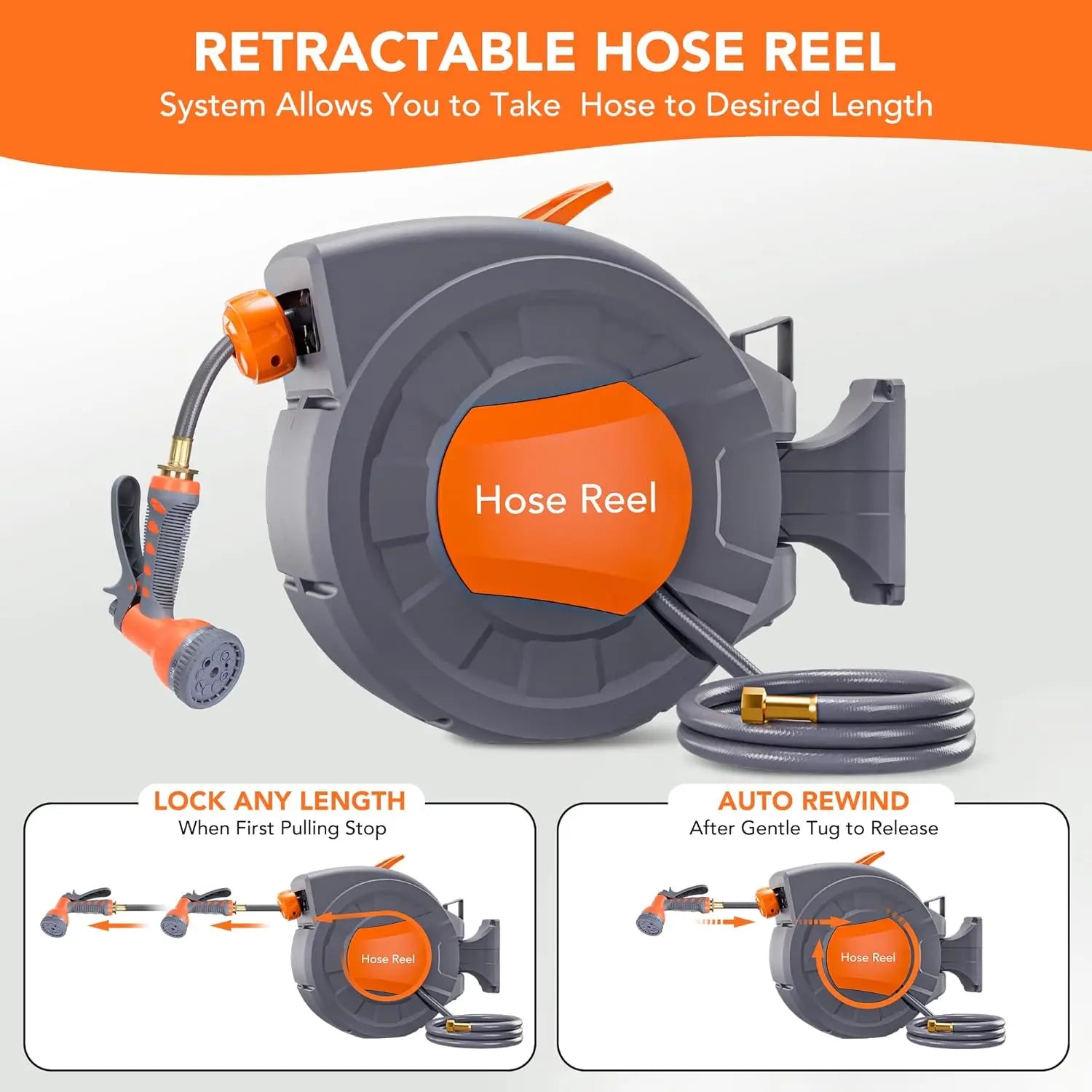 Retractable Garden Hose Reel 1/2 In x 100 FT Wall Mounted with 9 Function Sprayer Nozzle