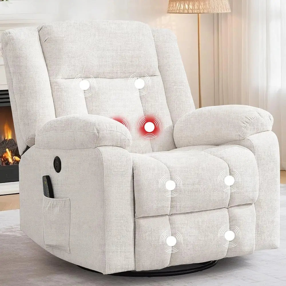 Ivory White 360° Swivel Rocking Chair for Adults with Massage, Heating, Storage, and USB Charging