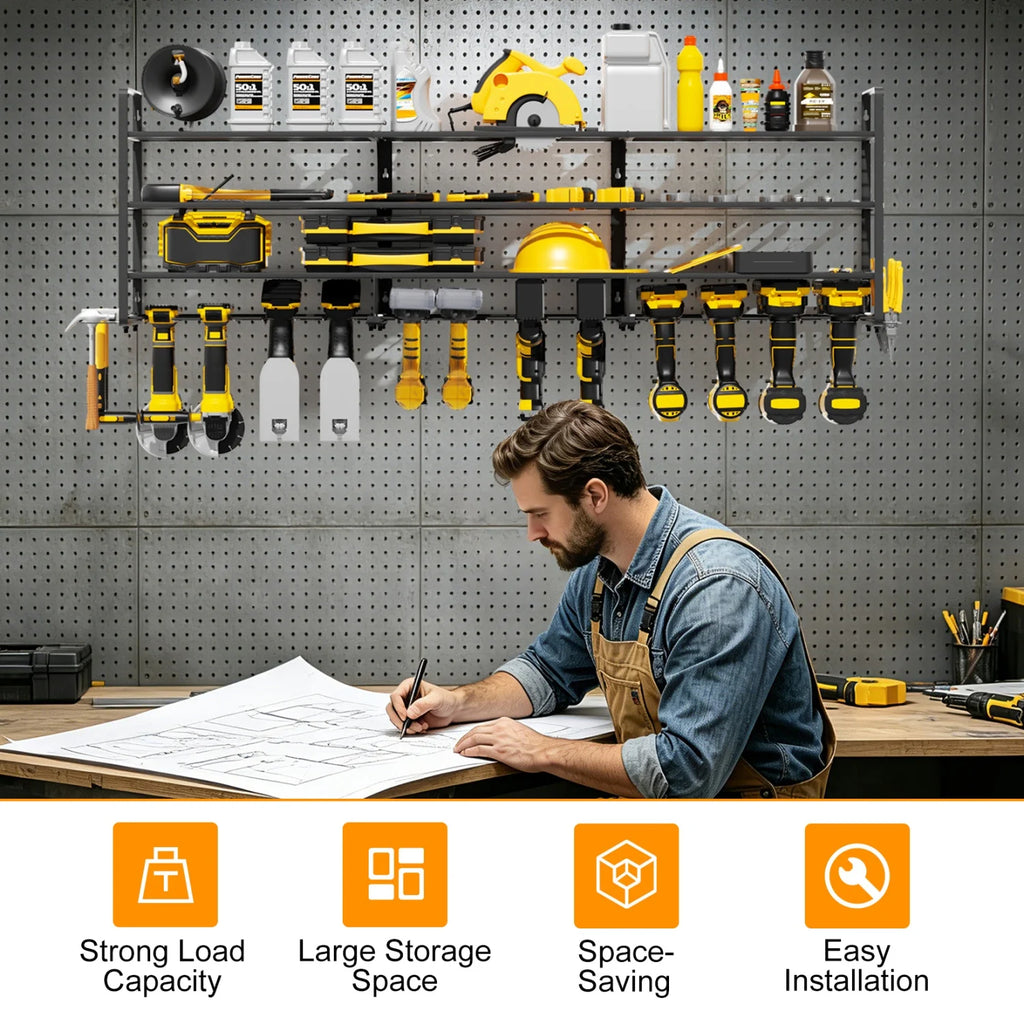 138CM Long Large Power Tool Organizer Rack for Garage Wall Organization Drill Holder Heavy Duty Metal Tool Shelf Holds 12 Cordless Drills