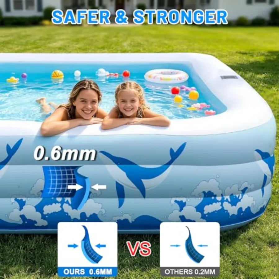 Backyard outdoor inflatable swimming pool for kids and adults, durable thickened PVC, multicolor 7-color LED light solar-powered