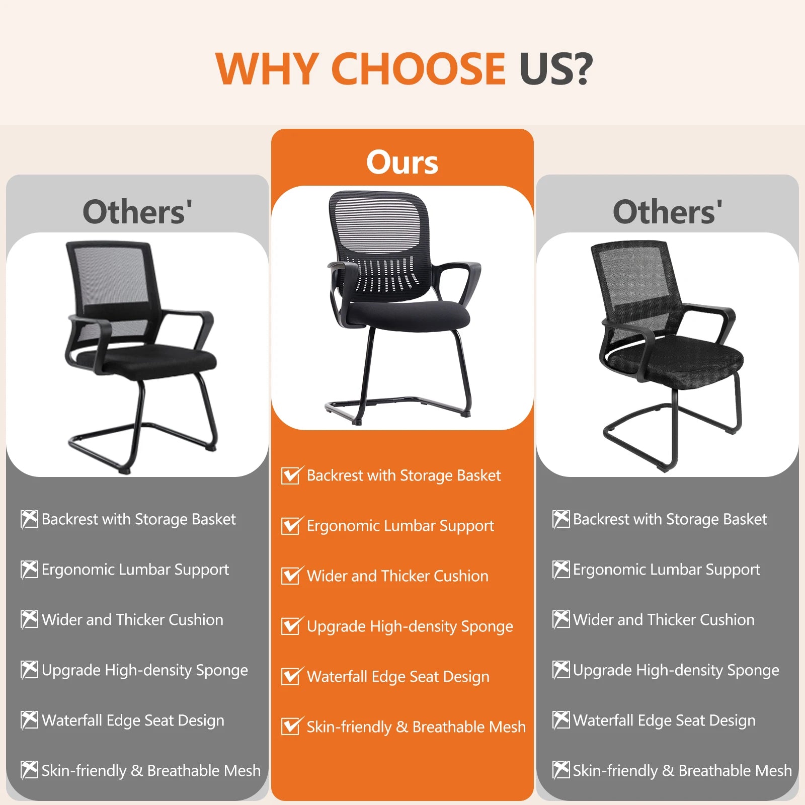 Ergonomic Office Chair No Wheels with Comfy Armrest and Mesh Lumbar Support Back Basket Design