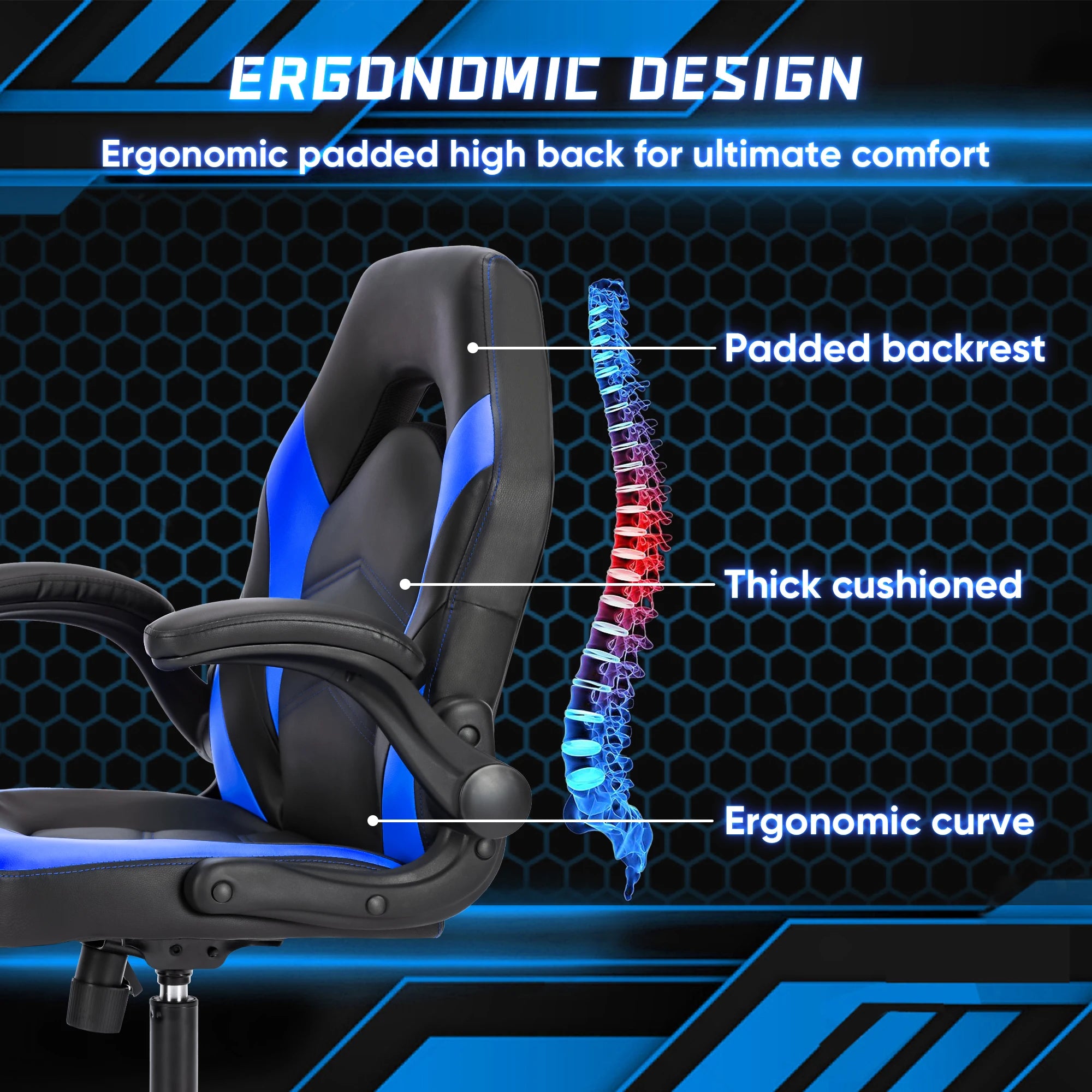 Gaming Ergonomic Office Chair with Swivel Rolling Adjustable PU Leather Racing Chair Flip-up Armrest