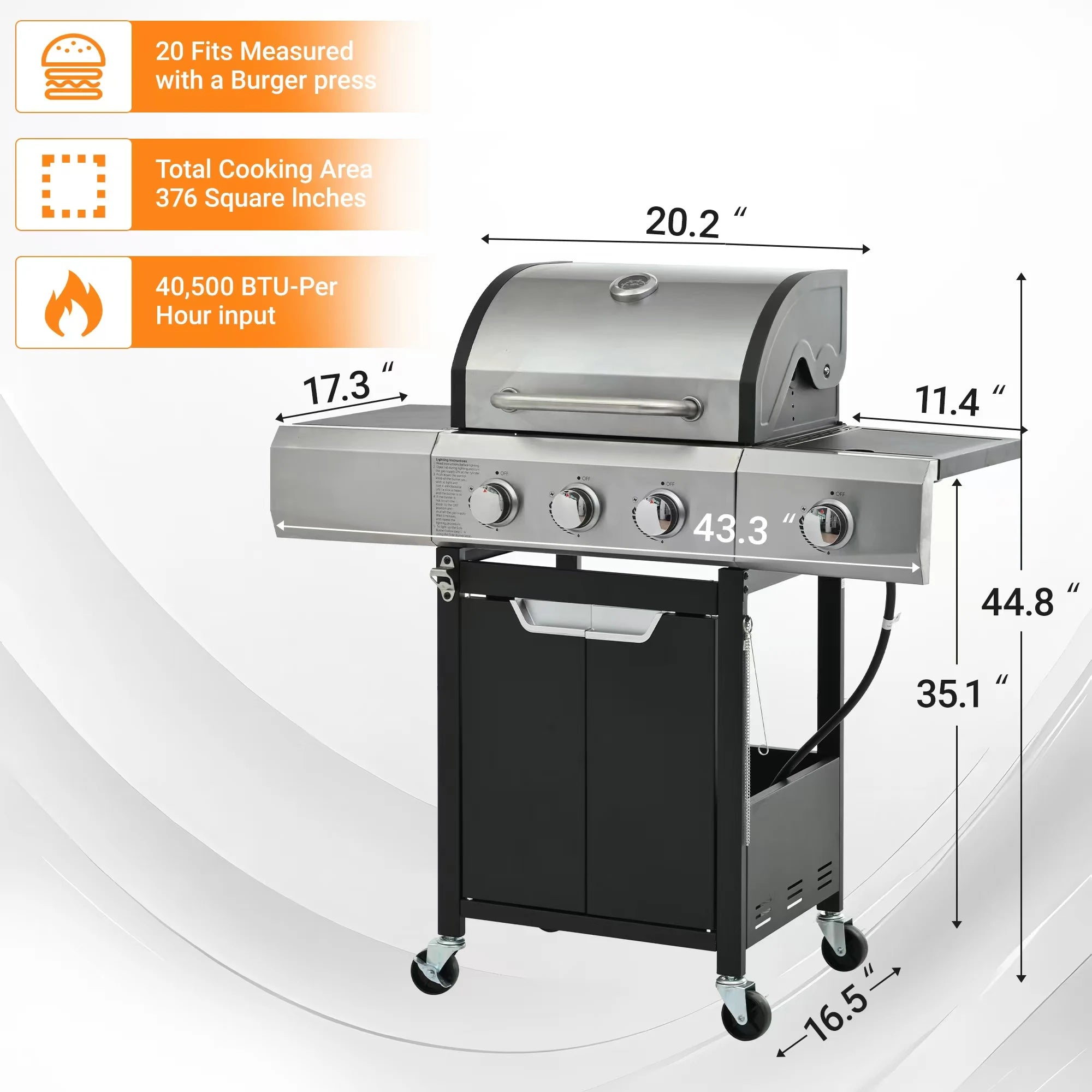 Stainless Steel Propane Grill 3 Burner Gas Grill with Side Burner And Cover for Outdoor BBQ Camping