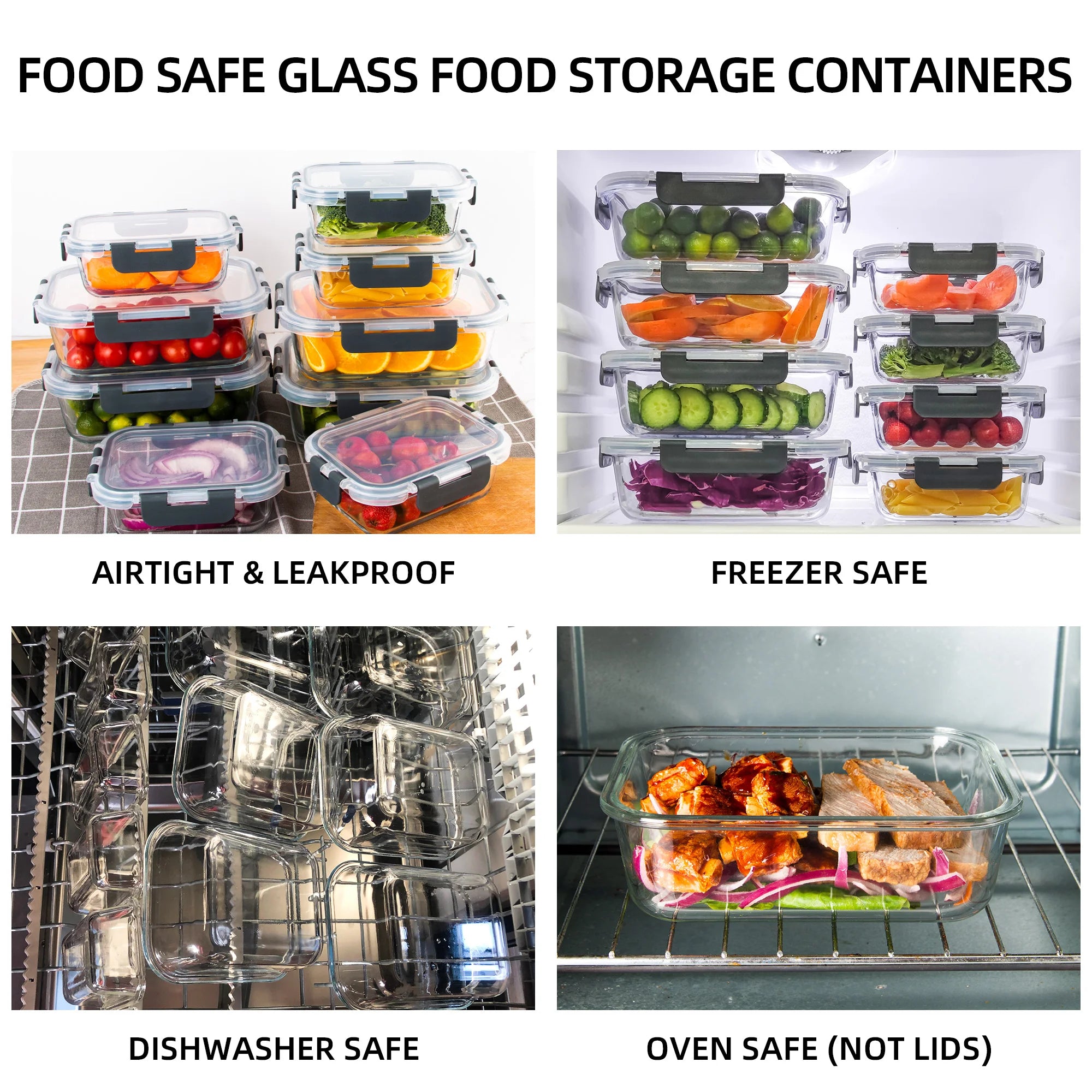 8-Piece Glass Food Storage Containers Set, BPA-Free, Leakproof, Microwave & Oven Safe, 6 Sizes, Borosilicate Glass Lock Lid