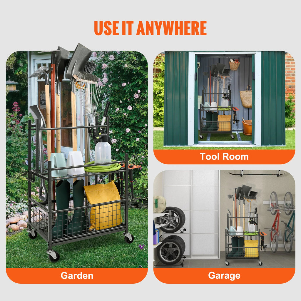 16 Slots Garden Tool Organizer Tower Rack with Hooks Wheels Long-Handled Rake Holder for Garage Storage