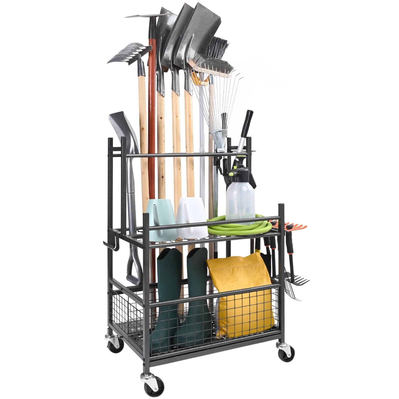 16 Slots Garden Tool Organizer Tower Rack with Hooks Wheels Long-Handled Rake Holder for Garage Storage