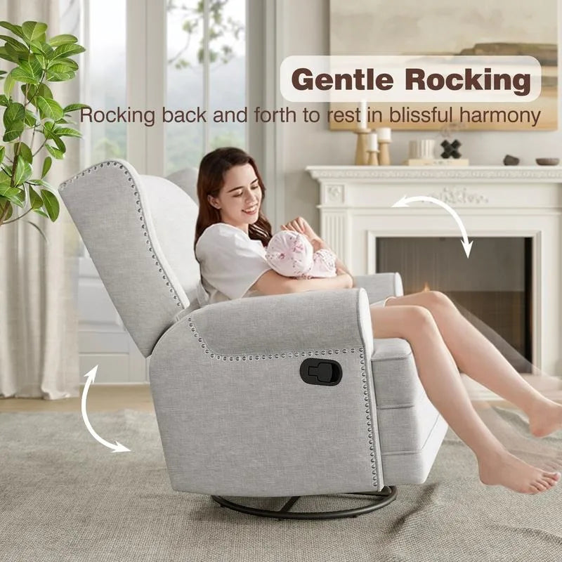 Upholstered Swivel Recliner Chair, Comfy Glider Rocking Chair with Lumbar Pillow and Footrest,