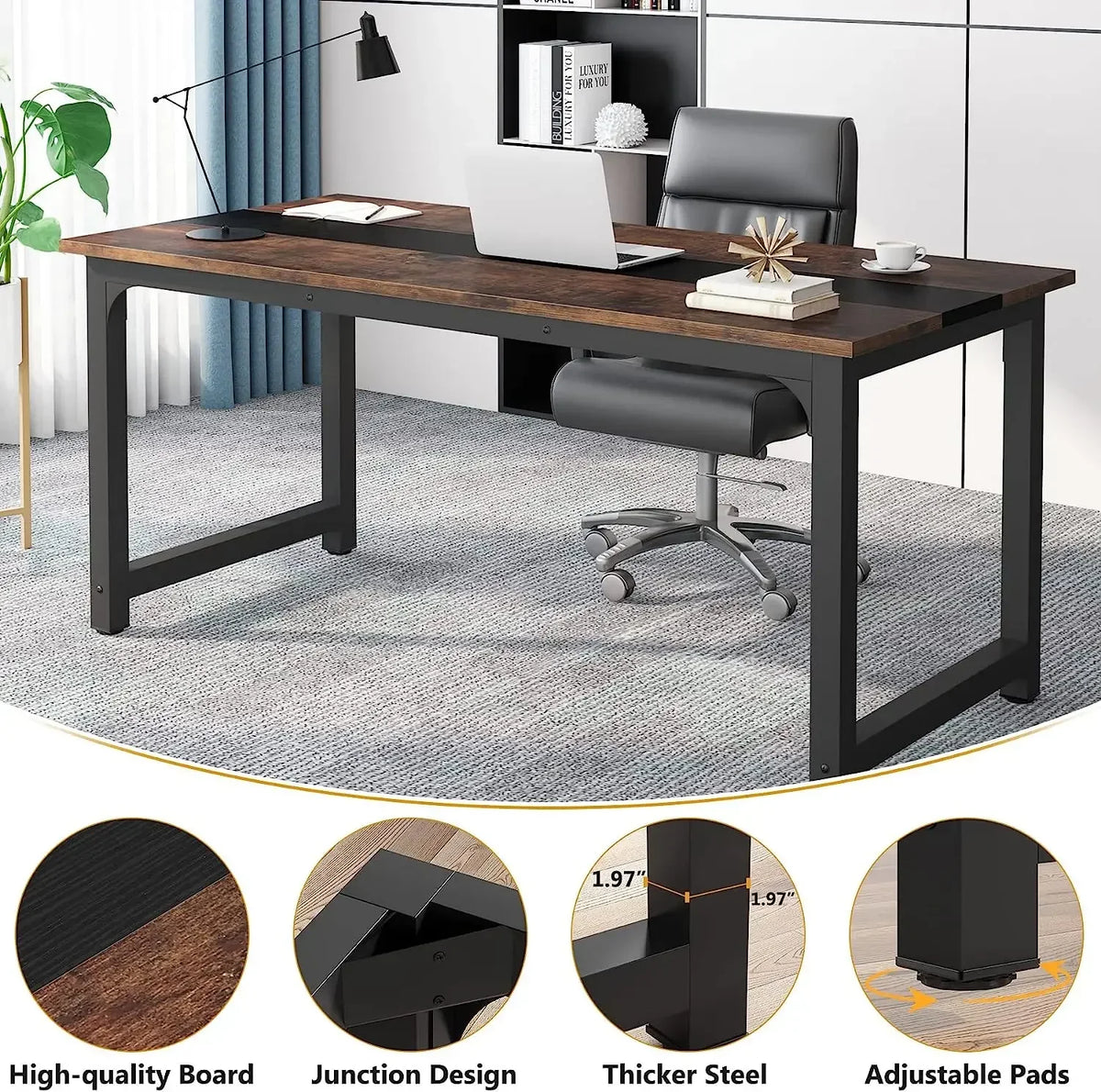Tribesigns 70.8" Executive Computer Desk - Large Home Office Workstation, Dual Monitor Ready, 70x31x29", Assembly Required, Vintage Grey / Vintage Black / White