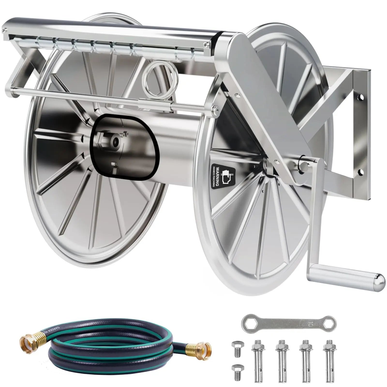 Stainless Steel Garden Hose Reel Heavy Duty Wall Mount 150 Feet Capacity Outdoor Pipe Storage Organizer Automatic Guide Handle Solid Brass Connectors