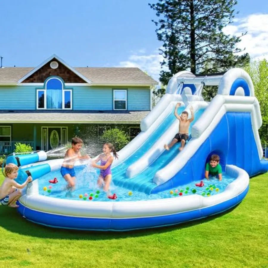 Backyard summer party inflatable water park for big kids, PVC material, blue and yellow, 17.7FT double splash pool