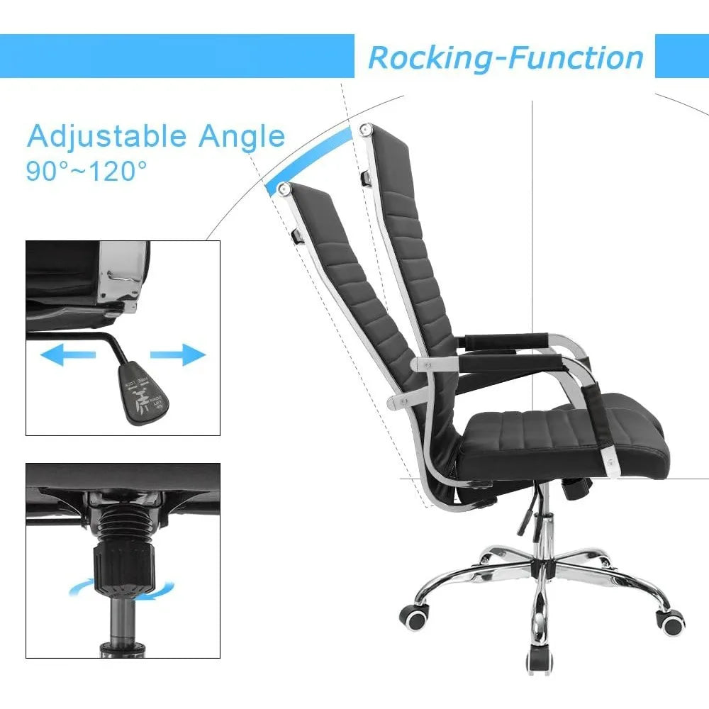 Ribbed Office Chair High Back PU Leather Executive Conference Chair Adjustable Swivel with Arms, Black