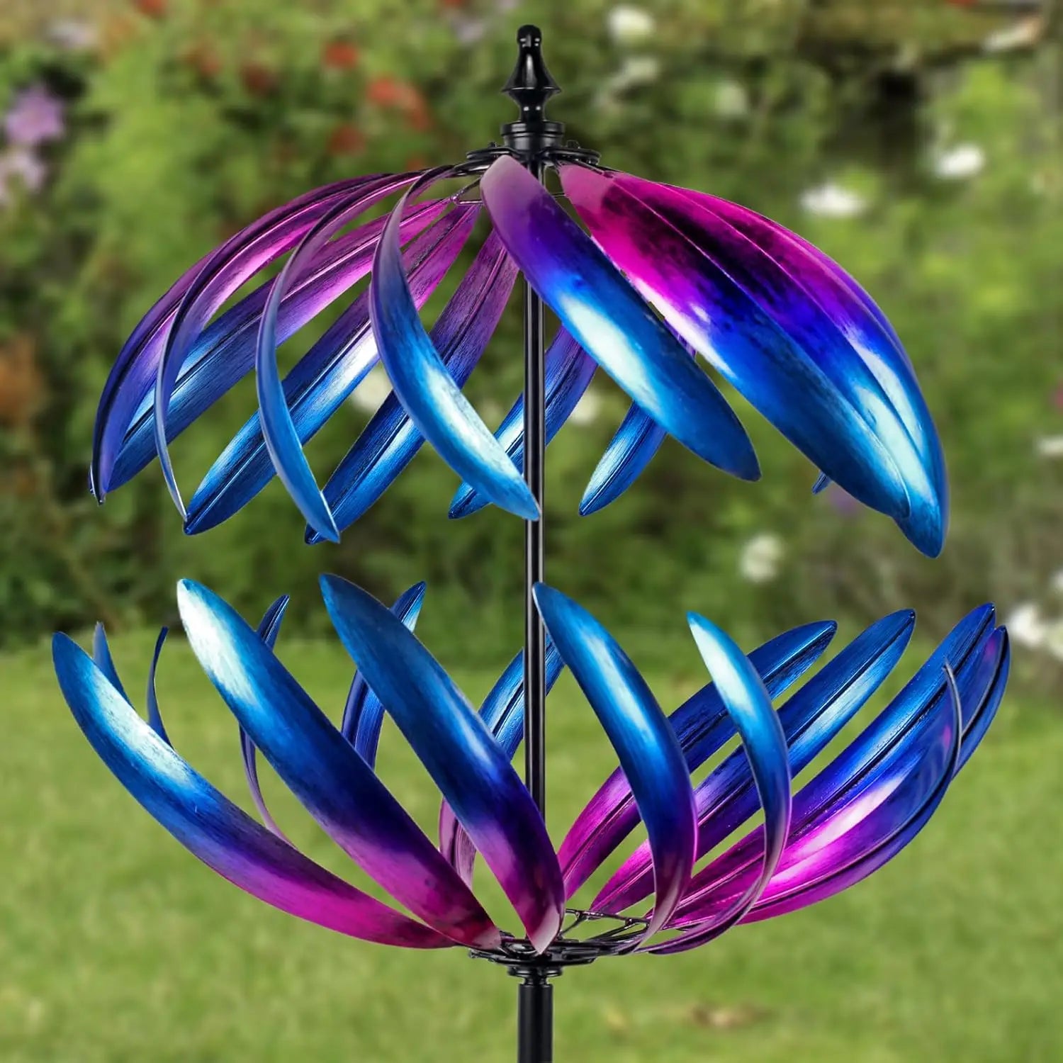 Kinetic Garden Wind Spinner, Double-Layer Metal Art, Blue and Purple Gradient