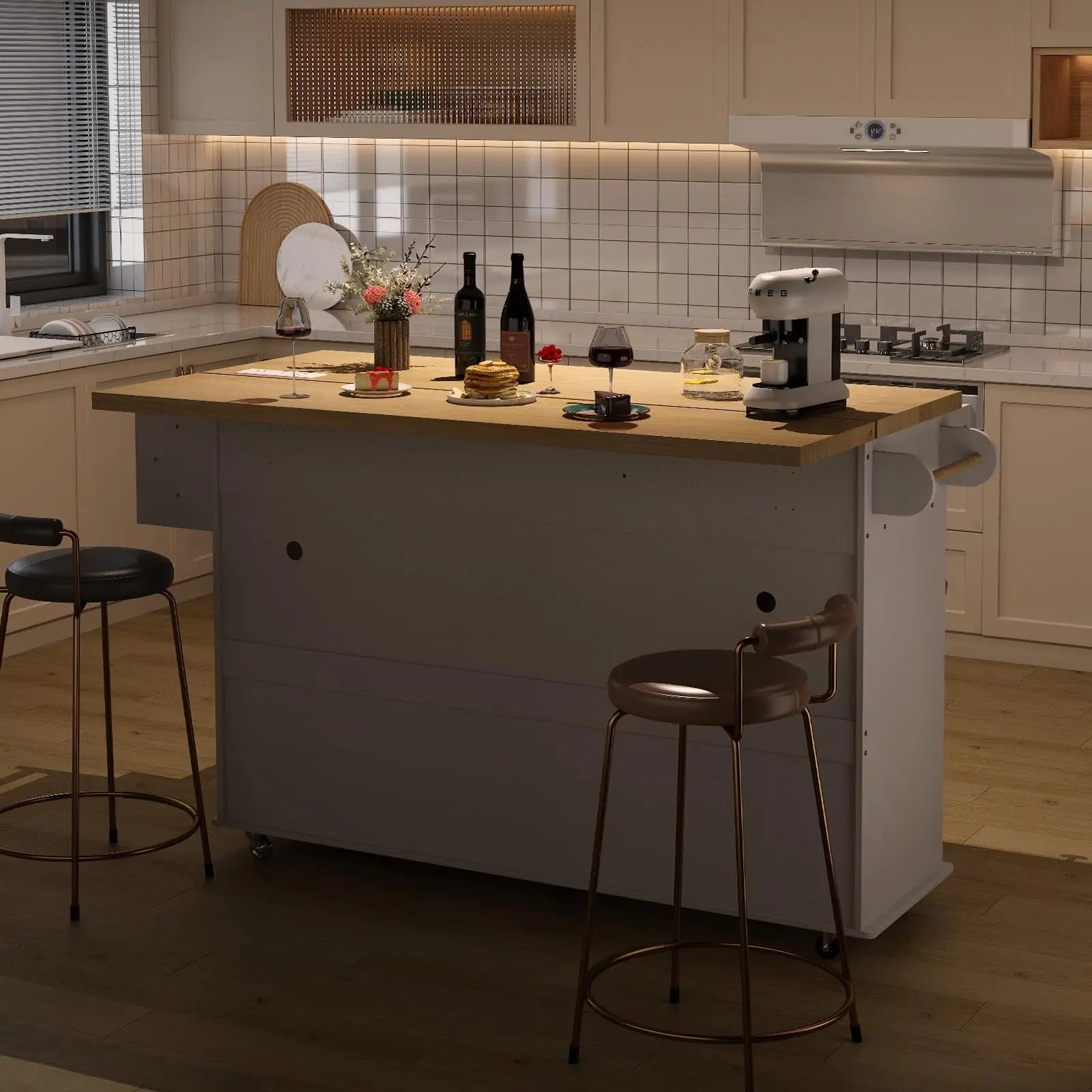 60" Mobile Kitchen Island With Drop Leaf Table, Power Outlet Spice Towel Rack Trash