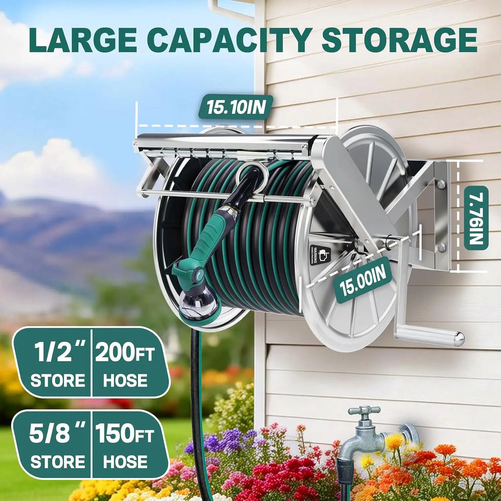 Stainless Steel Garden Hose Reel Heavy Duty Wall Mount 150 Feet Capacity Outdoor Pipe Storage Organizer Automatic Guide Handle Solid Brass Connectors