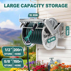 Stainless Steel Garden Hose Reel Heavy Duty Wall Mount 150 Feet Capacity Outdoor Pipe Storage Organizer Automatic Guide Handle Solid Brass Connectors