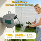 Retractable Garden Hose Reel – Wall Mounted 100FT Water Hose with 10 Pattern Spray Gun, 1/2 Inch Heavy Duty Auto Rewind Hose Cart for Yard,  7 Way Nozzle UV Resistant