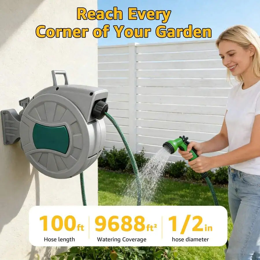 Retractable Garden Hose Reel – Wall Mounted 100FT Water Hose with 10 Pattern Spray Gun, 1/2 Inch Heavy Duty Auto Rewind Hose Cart for Yard,  7 Way Nozzle UV Resistant