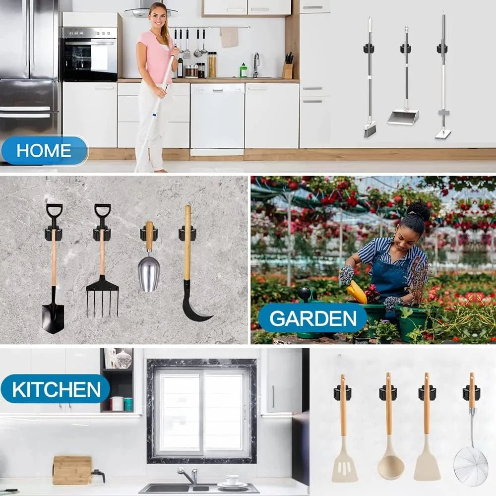 6PCS Heavy Duty Wall Mounted Garden Tool Organizer for Broom Mop Rake Shovel Handle Stainless Steel Hanger with Screws Matte Black