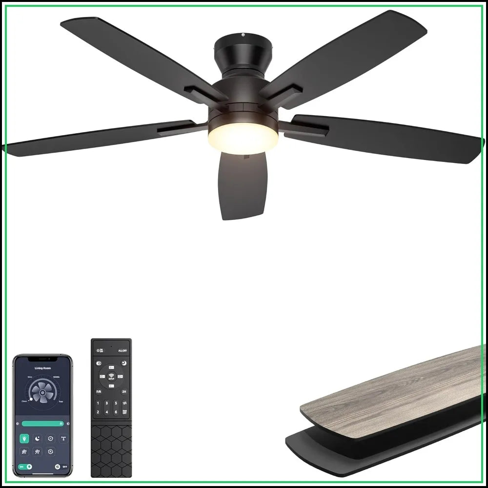 52" Low Profile Ceiling Fan with Light & Remote/APP, Quiet DC Motor, Dimmable, Black, for Bedroom Living Room