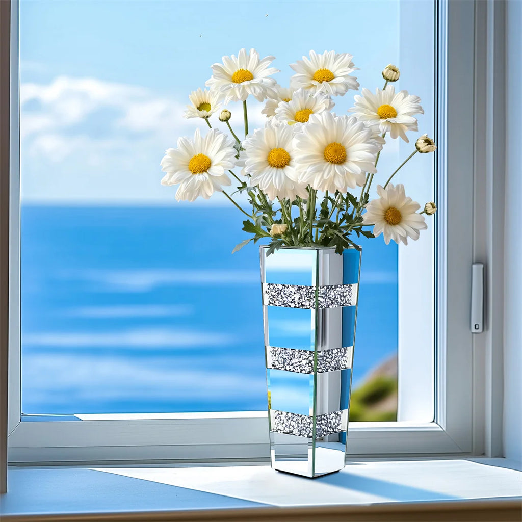 Modern Floor Flower Vase Decorative Crystal Silver Standing Mirrored  Arrangement