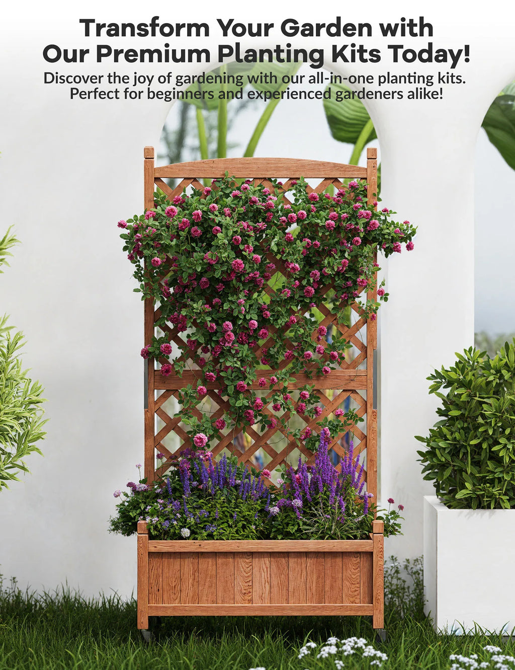 61.5" Wood Planter Box Raised Garden Bed With Trellis/Wheels
