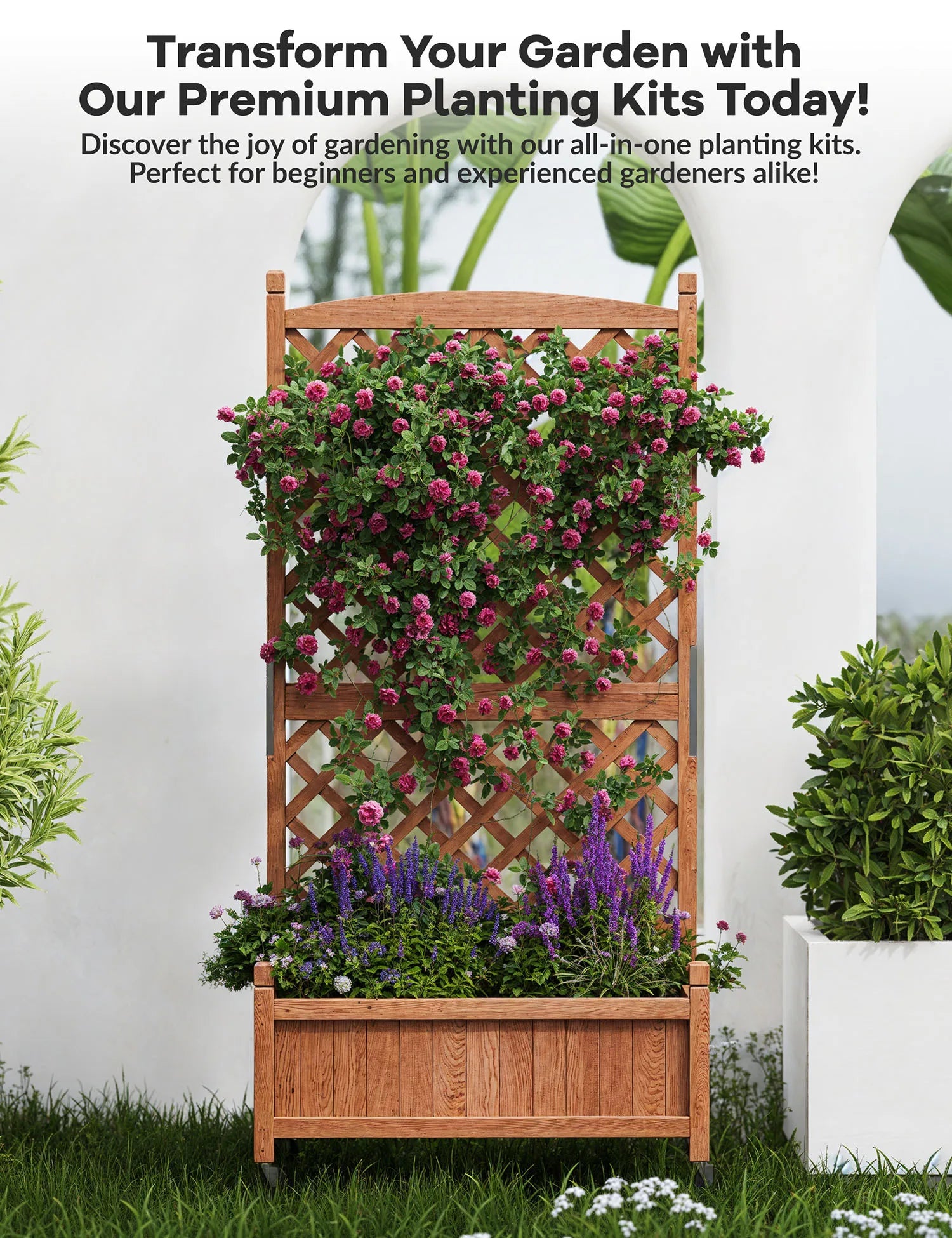 61.5" Wood Planter Box Raised Garden Bed With Trellis/Wheels