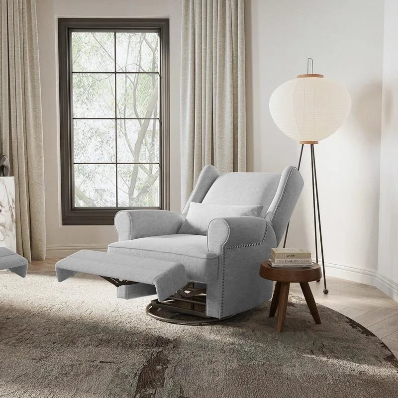 Upholstered Swivel Recliner Chair, Comfy Glider Rocking Chair with Lumbar Pillow and Footrest,
