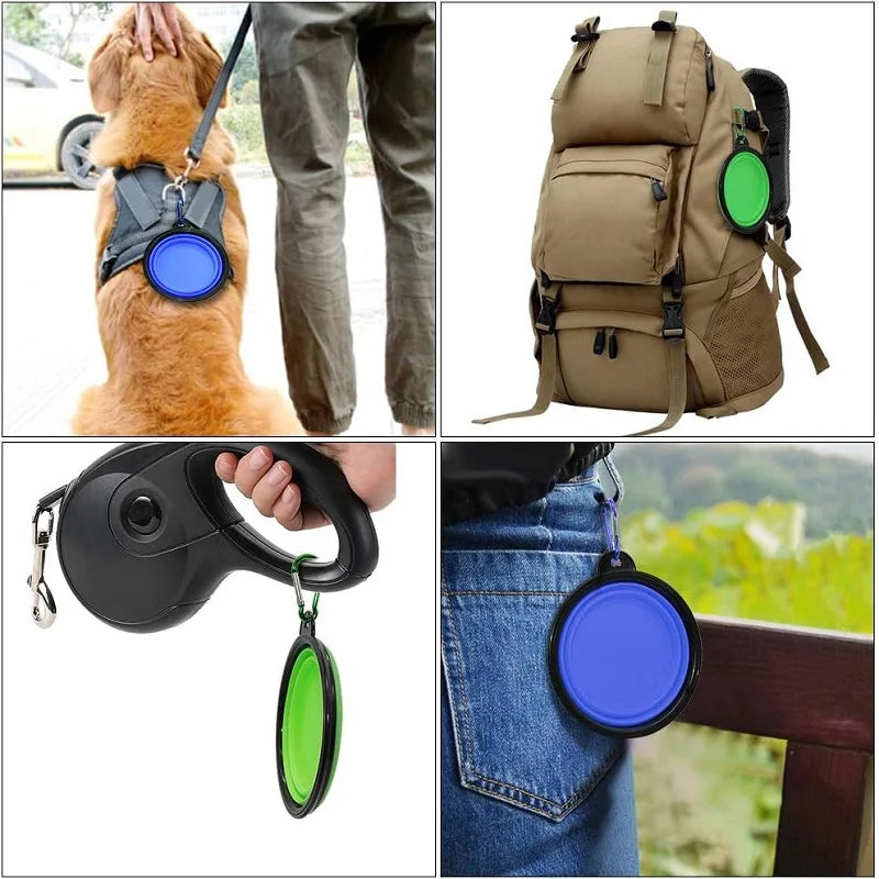 Folding Portable Silicone Dog Feeder Bowl with Carabiner Bottle Food Water Container
