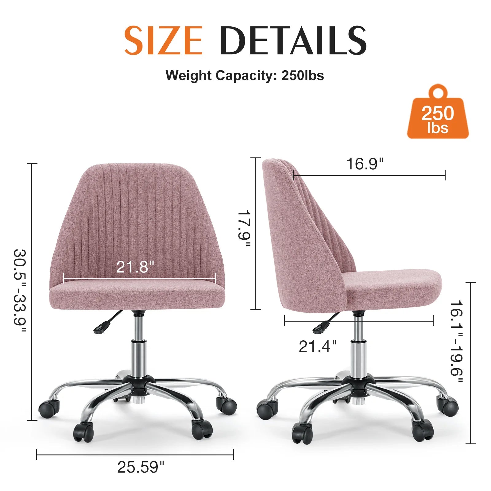 Armless Small Desk Office Chair Cute Vanity Swivel Chair with Back Modern Fabric with Wheels