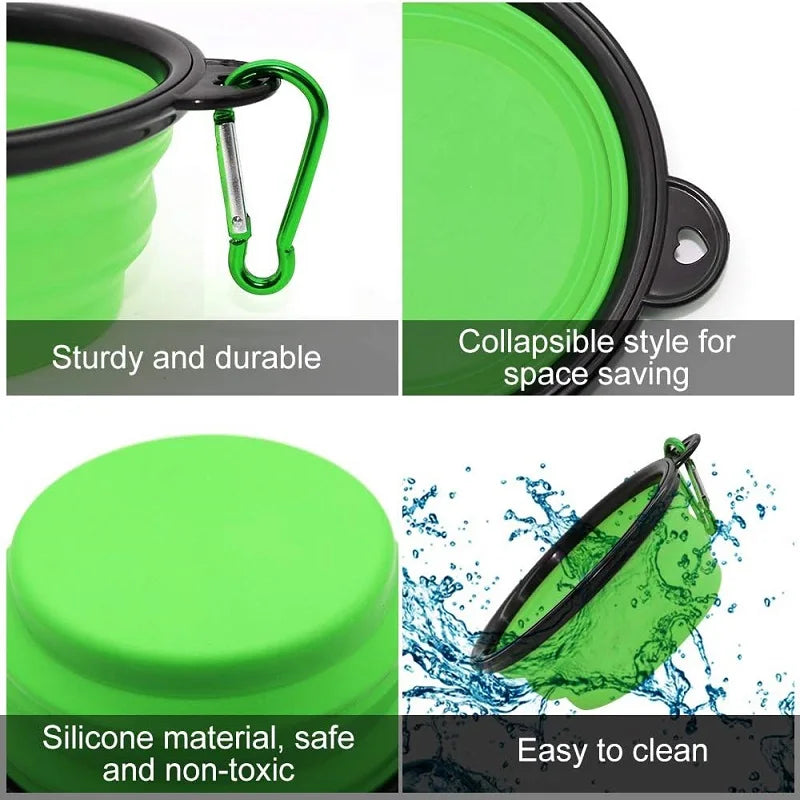 Folding Portable Silicone Dog Feeder Bowl with Carabiner Bottle Food Water Container