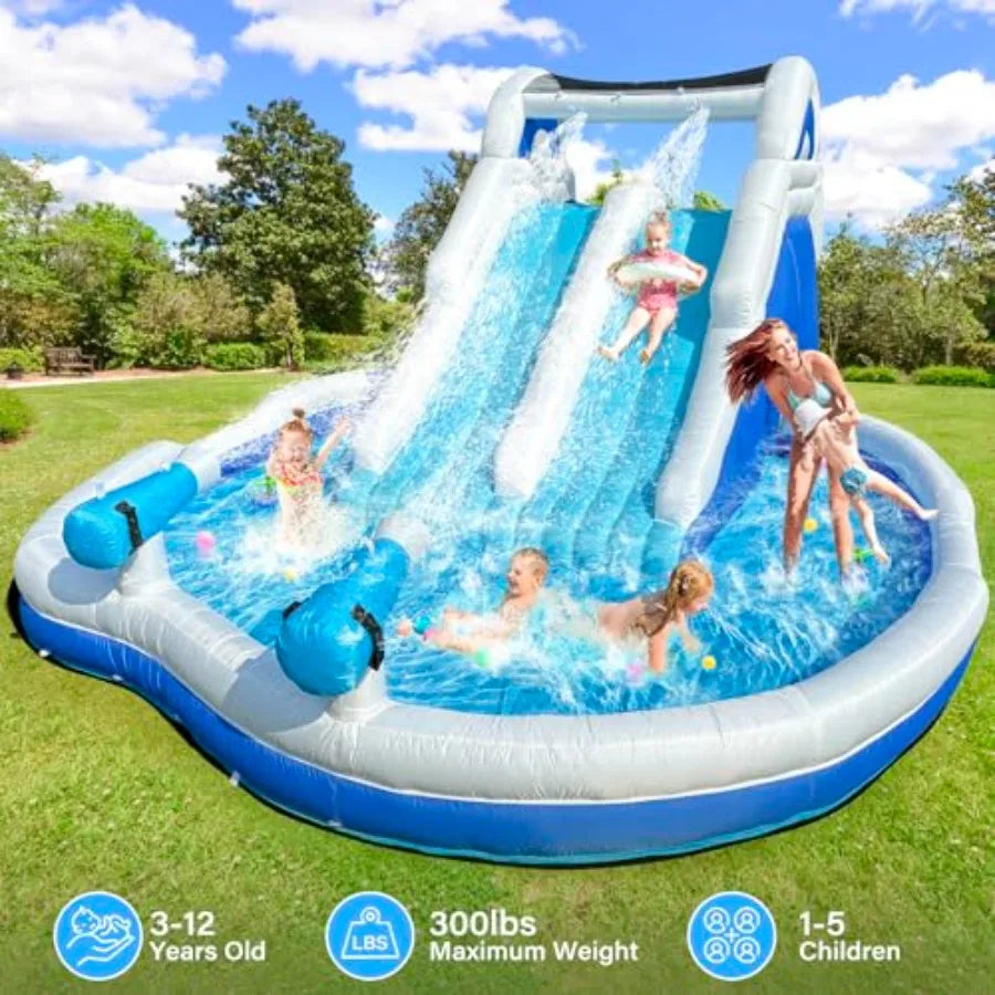 Backyard summer party inflatable water park for big kids, PVC material, blue and yellow, 17.7FT double splash pool