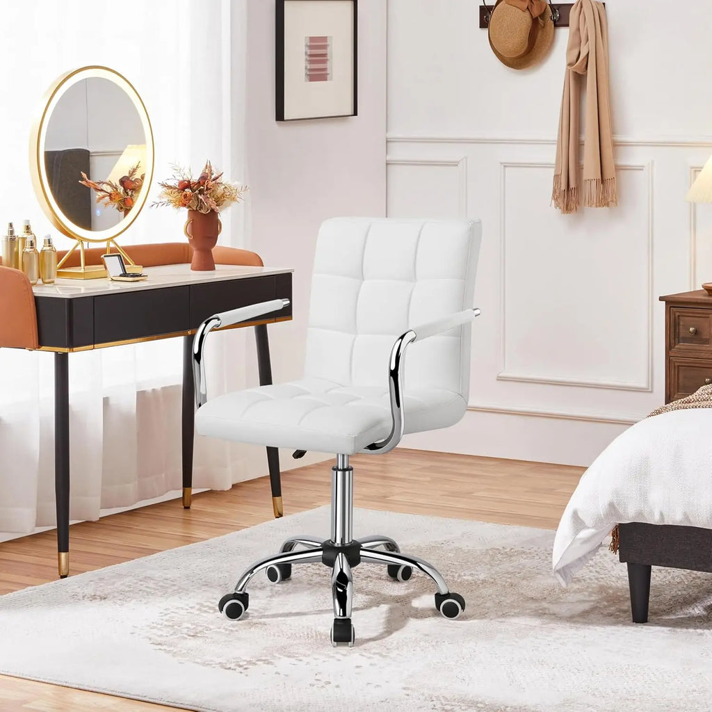 White Leather Office Chair with Wheels and Armrests, Mid-Back Adjustable Desk Chair, 360° Swivel,
