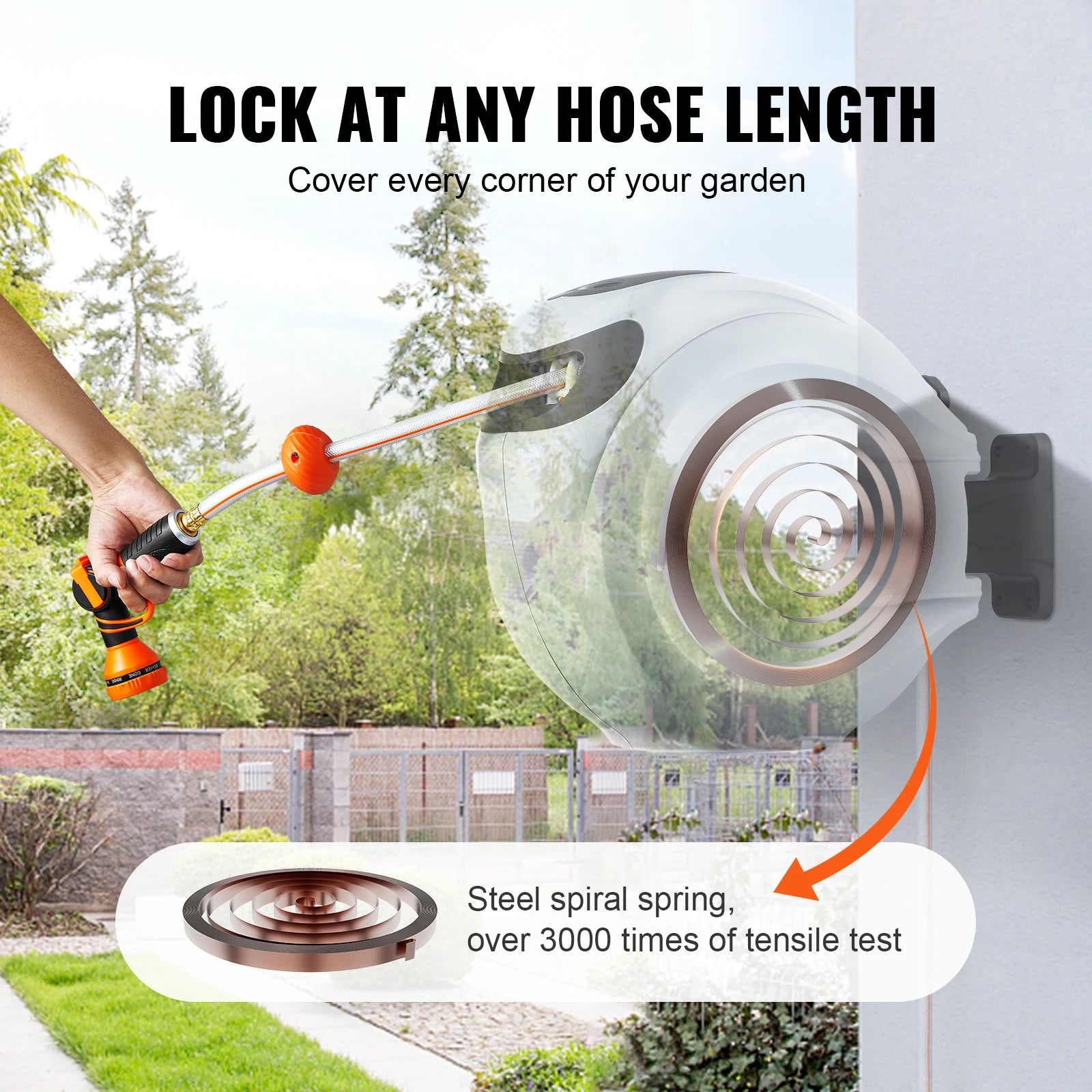 Retractable Hose Reel 180° Swivel Bracket Wall-Mounted with 9-Pattern Nozzle Automatic Rewind