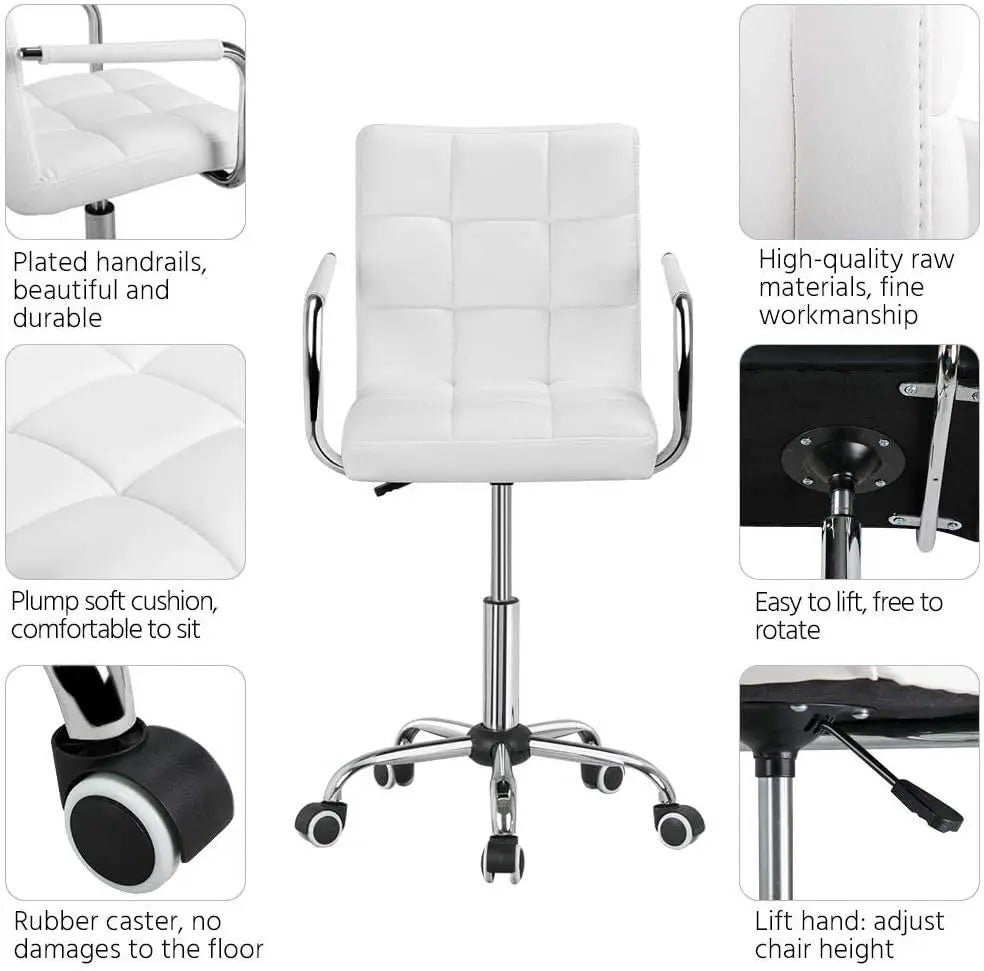 White Leather Office Chair with Wheels and Armrests, Mid-Back Adjustable Desk Chair, 360° Swivel,