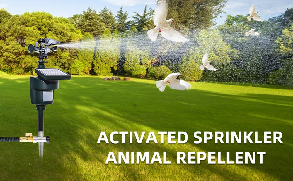 Motion Activated Sprinkler with Solar Panels Deter Cats, Birds, Repellent Outdoor Lawn Garden Motion. Sensor Water Sprinkler