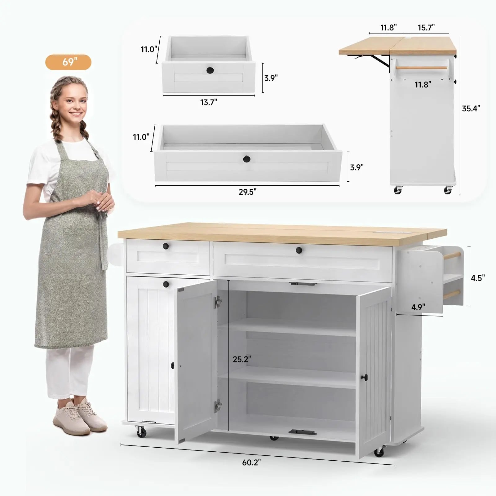 60" Mobile Kitchen Island With Drop Leaf Table, Power Outlet Spice Towel Rack Trash
