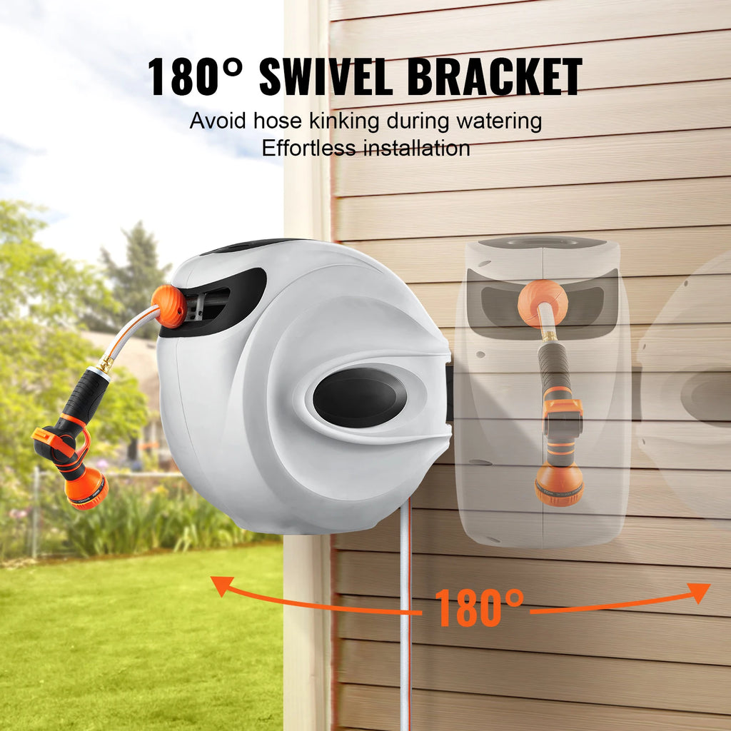 Retractable Hose Reel 180° Swivel Bracket Wall-Mounted with 9-Pattern Nozzle Automatic Rewind