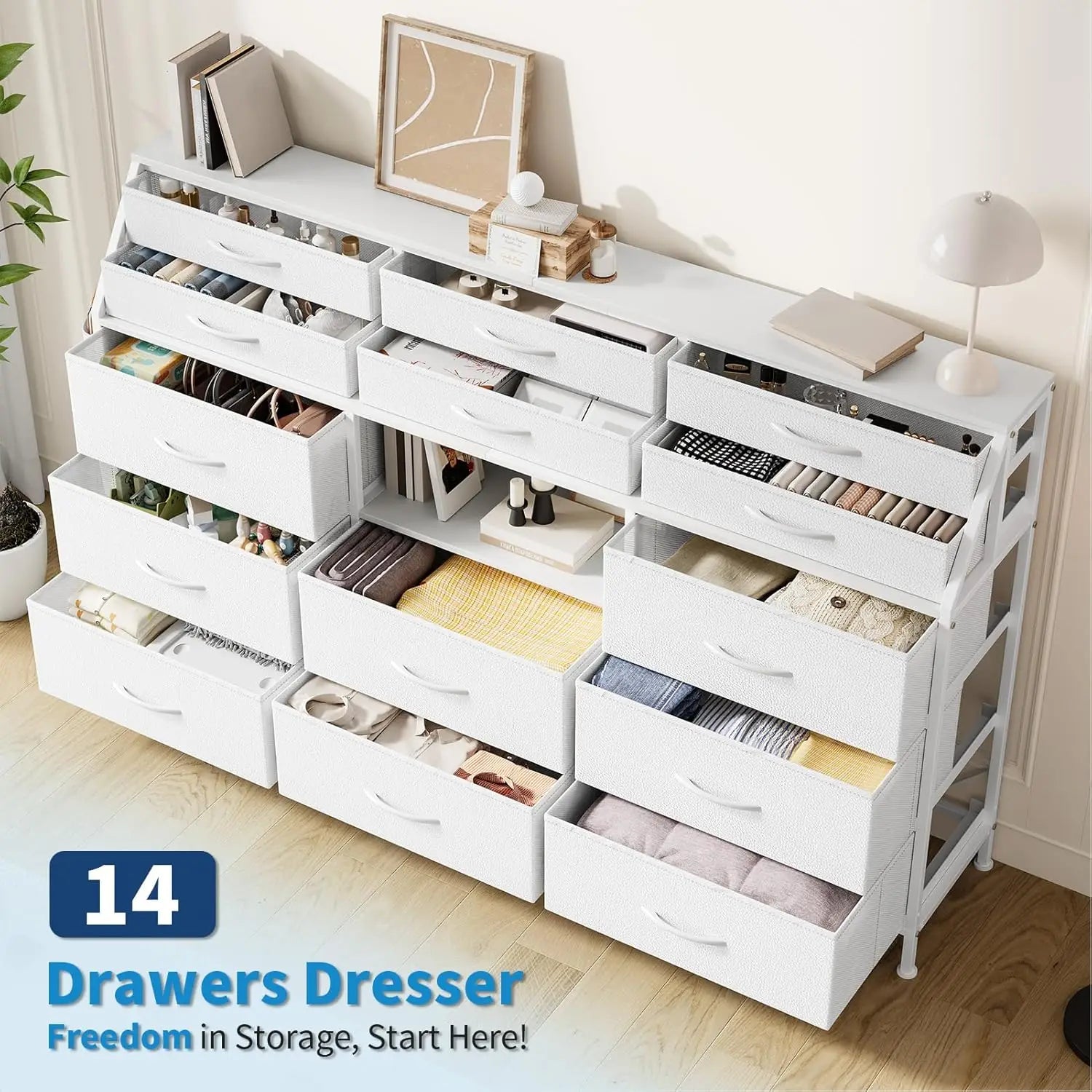 14 Drawer Dresser with Wooden Top, Large Storage Cabinet with Metal Frame